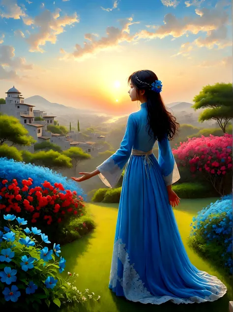 (Dawn sunrise time:1.6)，In the fragrant garden, The blind girl stood there，Open your arms, Gently touch the petals she encounters, Connect with nature and sweet blue flowers, The individual stands tall in awe and wonder under the expansive sky, their silho...