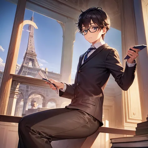 A picture of a boy with studying glasses next to the Eiffel Tower with a book written on it: Petit prof 