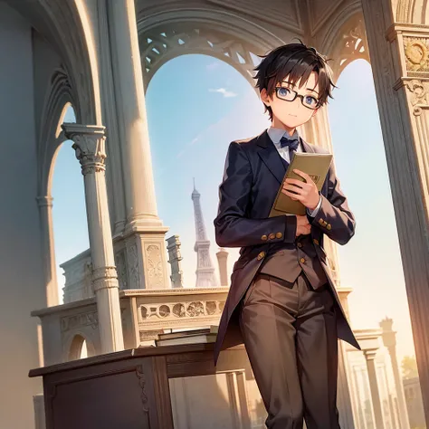 A picture of a boy with studying glasses next to the Eiffel Tower with a book written on it: Petit prof 