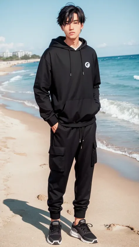 Black hair, round face, man, black hoodie, cargo pants, beach, moon 