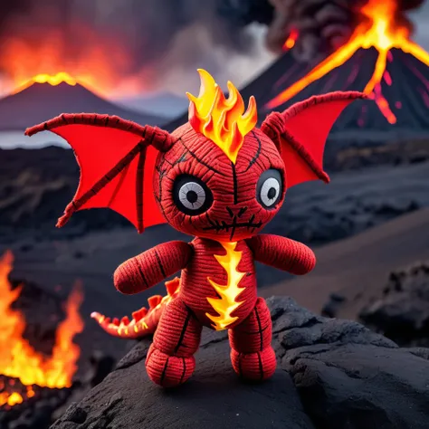 (knitted toy voodoo doll: 1.6), (Voodoo Flame Dragon: 1.3), (clothes costume with dragon scales and fire patterns: 1.0), (in the background a volcanic landscape with lava and ash: 1.3), best quality, masterpiece, detailed soft oil painting, detailed backgr...