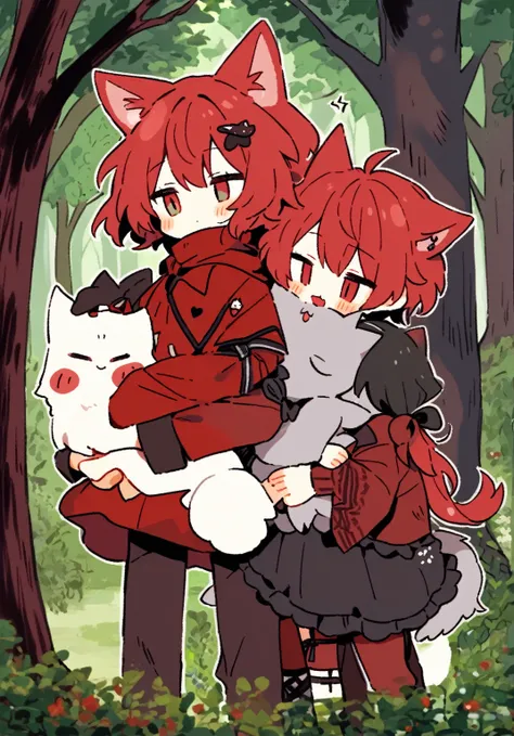 tegaki chibi 2boys wholesome gay male relationship red hood wolf ears hug in the forest gothic lolita