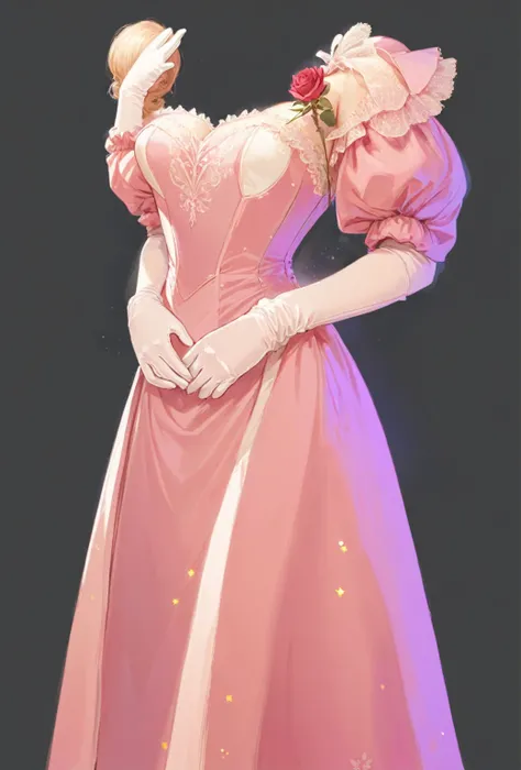 beautiful illustration, ultra-detailed, masterpiece, pink dress, white long gloves, victorian era, victorian dress, glitter, roses, lace, beautiful dress, anime style