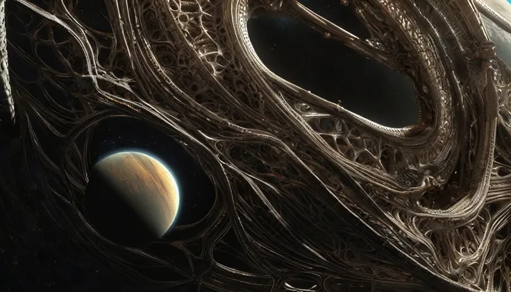 H. R. gieger planet, intricate gieger detail, movie still, nasa footage, planet with gieger detail, ridley scott film, film footage, planet with unusual surface, xenomorph planet, celestial body, anatomy, ribs