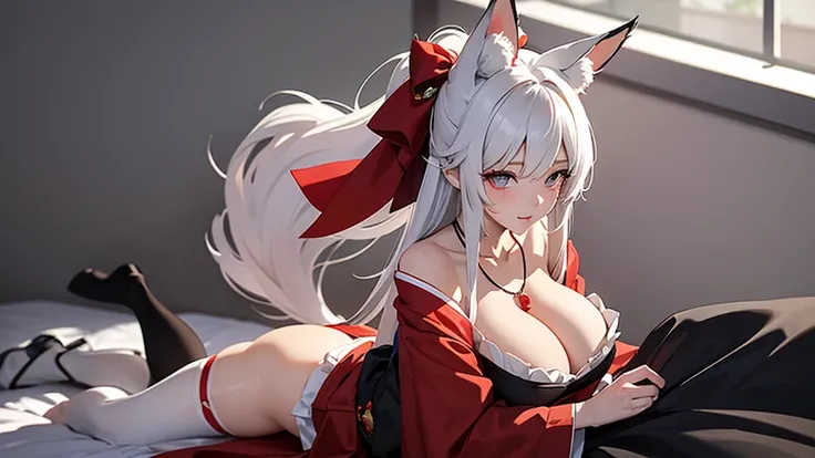 2D Illustration。In the background is a dirty white wall splattered with red blood。Long white hair and fox ears。Black Stockings、A girl with big breasts wearing an off-the-shoulder kimono with red as the main color and black as the secondary color.。profile。H...