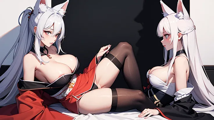 2D Illustration。In the background is a dirty white wall splattered with red blood。Long white hair and fox ears。Black Stockings、A girl with big breasts wearing an off-the-shoulder kimono with red as the main color and black as the secondary color.。profile。H...