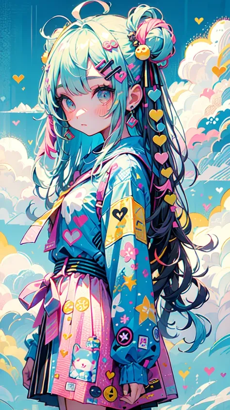 "kawaii, Cute, Adorable girl in pink, yellow, and baby blue color scheme. She wears sky-themed clothing with clouds and sky motifs. Her outfit is fluffy and soft, With decora accessories like hair clips. She embodies a vibrant and trendy Harajuku fashion s...