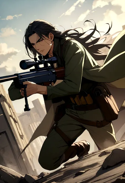 1 The man was a mercenary with long hair, aiming a sniper rifle.