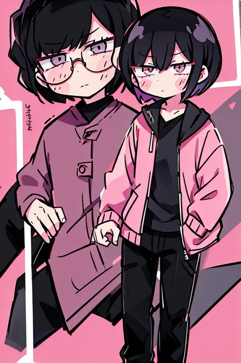 black pants, Sharp image, man, Black hair with pink ends, wearing a pink jacket. , has a dull, bored face, wears round glasses, has short, neat hair,