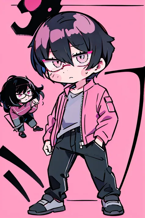 black pants, Sharp image, man, Black hair with pink ends, wearing a pink jacket. , has a dull, bored face, wears round glasses, has short, neat hair,