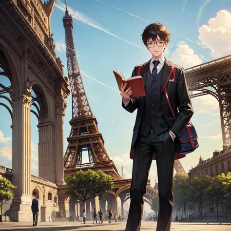 An image suitable for the cover of a book showing a boy with glasses reading a book with the Eiffel Tower behind him 