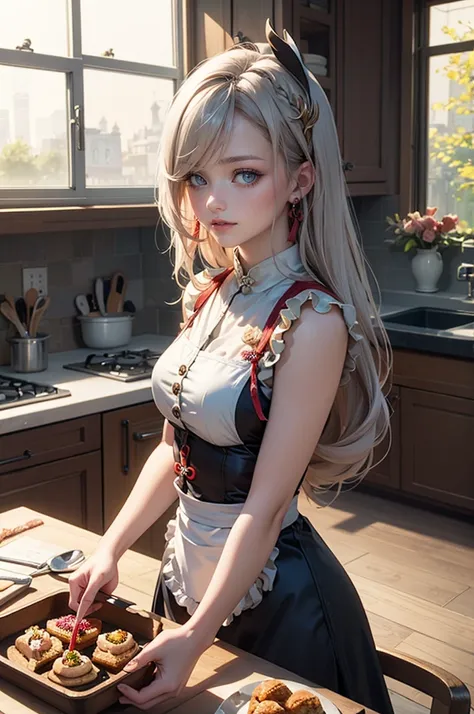 Shenhe_(genshin impact), blue roses, ornament hair, chinese hairpin, blue roses on her hair, maid, maid dress, maid headdress, maid apron, braided hair, white hair, long hair, kitchen scenery, minimalist home style, maid dress, white dress, more details on...