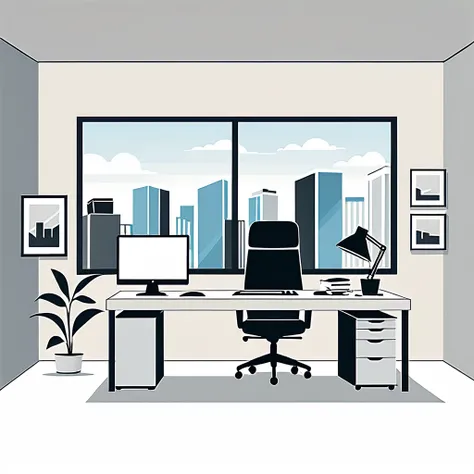 flat vector illustration of an office, clear off background, minimalistic, clean lines, adobe illustrator