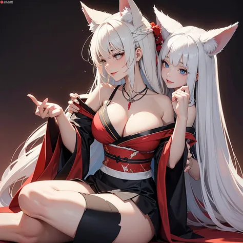 2D illustration. In the background is a dirty white wall splattered with red blood. A girl with long white hair and fox ears. A girl with large breasts wearing black stockings and an off-the-shoulder kimono. Main color is red, secondary color is black. Pro...