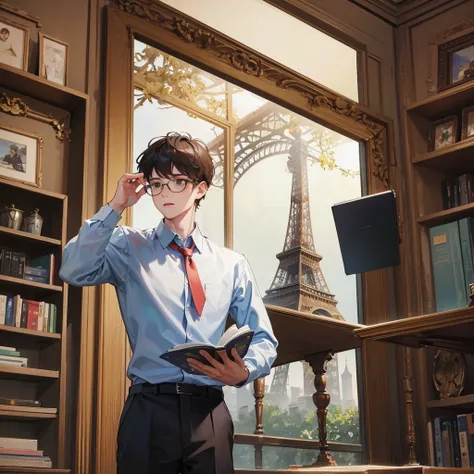 An image suitable for the cover of a book showing a boy teacher with glasses reading a book with the Eiffel Tower behind him, dressed in a shirt and pants 