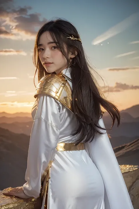 ((masterpiece, best quality, extremely detailed), volumetric lighting, ambient occlusion, colorful, glowing), 1girl, solo, young girl, (dark hair), long hair, ranger suit, hunter class dnd, cloak, (white outfit with gold detailst:1.3), armor, outdoors, sun...