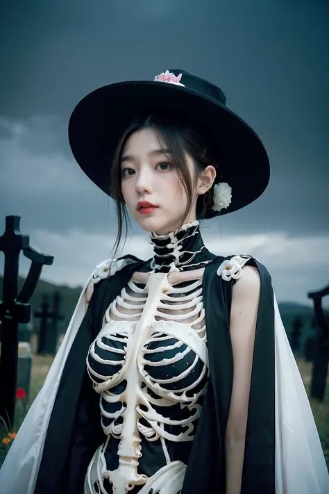 arafed woman in a skeleton costume with a hat on her head, hone onna skeleton geisha, skeleton girl, xue han, goddess of death, goddess of death in a graveyard, inspired by Xie Huan, eerie art style, saint skeleton queen, lulu chen, halloween art style, ji...