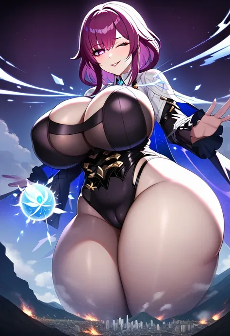 a girl using blue magic,mystical,magic,kafka genshin impact,(jk huge tits),big ass,mature female,milf,curvy body,giga size,taller then a mountain,looming over city,good detail,good quality,evil smile,blood,destruction,one eye closed,explosions