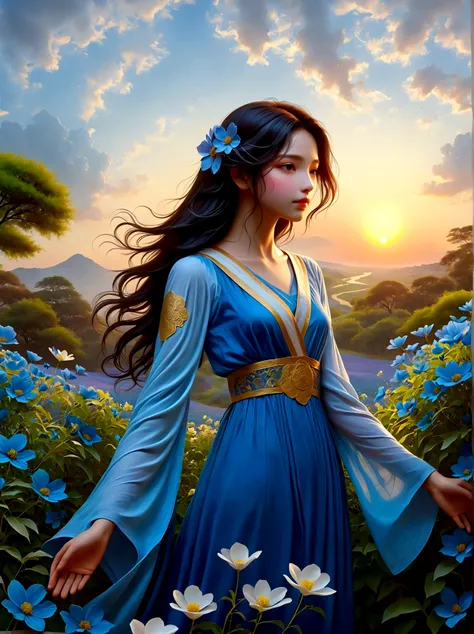 (Dawn sunrise time:1.6)，In the fragrant garden, The blind girl stood there，Open your arms, Gently touch the petals she encounters, Connect with nature and sweet blue flowers, The individual stands tall in awe and wonder under the expansive sky, their silho...