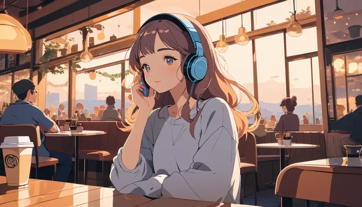 Woman listening to music in a cafe、, Wide-angle lens, Lofi Anime, Lofi illustration, Aesthetic atmosphere, Lo-Fi Style, Vector art, Flat Design, Simple shape, Warm tones, Pleasant atmosphere, Chill, In anime style, Digital drawing, Vector art, Vector logo ...