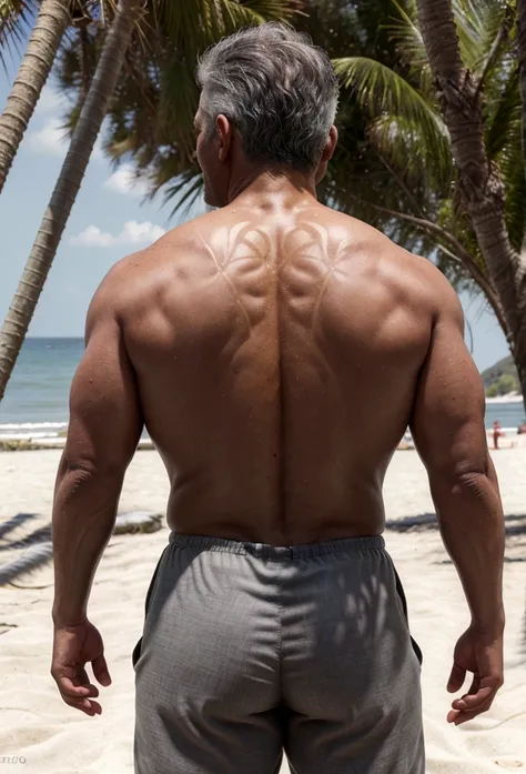 (photorealistic, masterpiece, 8K HD, good lighting quality, full body, intricate details), 40-year-old man, daddy, smiling, shirtless, gray hair, outdoors at beach, tanned, ass and back visible