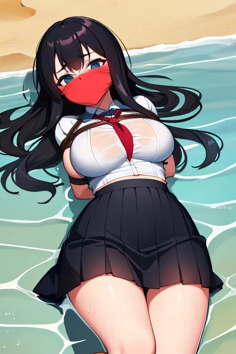 1 girl, detailed blue eyes, lange wimpern, detailed beautiful face, 4k quality, (Long black hair:1.4), (arms behind back:1.6), gefesselte Arme, Red rope, (blushing:1.3), (Big boobs:1.2), (weißes Hemd mit schwarzer krawatte, black skirt, school girl, 18 jea...