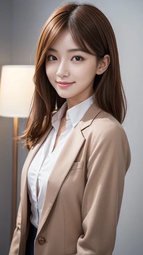 (Very detailed CG Unity 8k 壁紙, Highest quality, Very detailed, Looking at the camera:1.2, The light shines on your face:1.5, Gray background, Professional Lighting), Japan female, 26 years old, Upper body composition with brightly lit face. She has an oval...