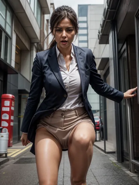 create an image of a business woman 30 with expression of success and confidence, pose de perfil de lado olhando para frente, imagem fundo escuropeeing self, wetting her clothes, cant hold her pee face, wetting herself desperate, pee desperation pose, her ...