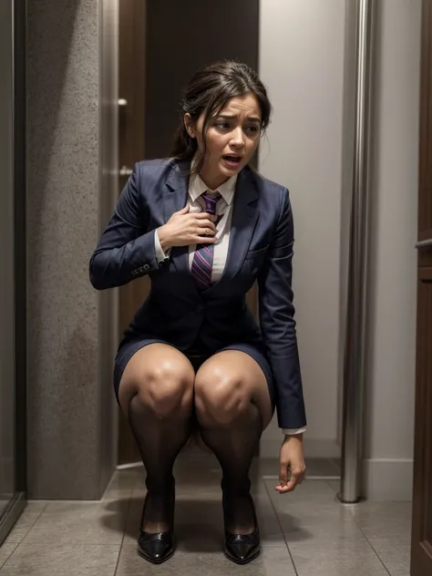 create an image of a business woman 30 with expression of success and confidence, pose de perfil de lado olhando para frente, imagem fundo escuropeeing self, wetting her clothes, cant hold her pee face, wetting herself desperate, pee desperation pose, her ...