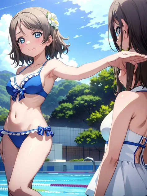 masterpiece, Highest quality, 8k wallpaper, alone, Watanabe Yo, smile , Sexy Bikini、Swimsuit only, (Soft Bust:1.2)、nature(Large Breasts)、Swimsuit, upper body, (Blue summer sky:1.3)、1 flying machine cloud、(Avoid the background around the upper body:1.3)、(Bl...