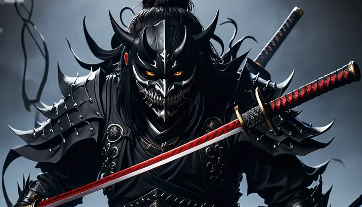 demon mask, close up, holding katana, black heavy detailed clothes, art, dark and malevolent,armor, powerful and intimidating, (masterpiece, best quality, ultra-detailed, best shadow), (detailed background, dark fantasy) dramatic light, intricate details, ...