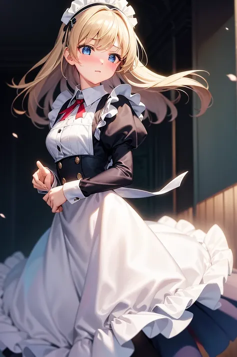 masterpiece, best quality,1girl, solo,whtie hair,medium hair,blue eyes,long sleeves,juliet sleeves,apron,maid,maid headdress,puffy sleeves,green dress,vest,buttons, white thighhighs,standing, looking at viewer, nose blush,