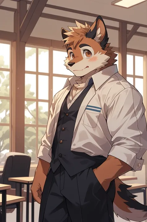 (highest resolution, Dynamic HDR, 4K, full HD) , furry, About 30 years old, หมาป่าขนbrown, ตัวbrown, brown_eyes, Random clothes, A little embarrassed, shrink, upper body, round_cornea ,muscle ,Professor ,teacher ,Big one