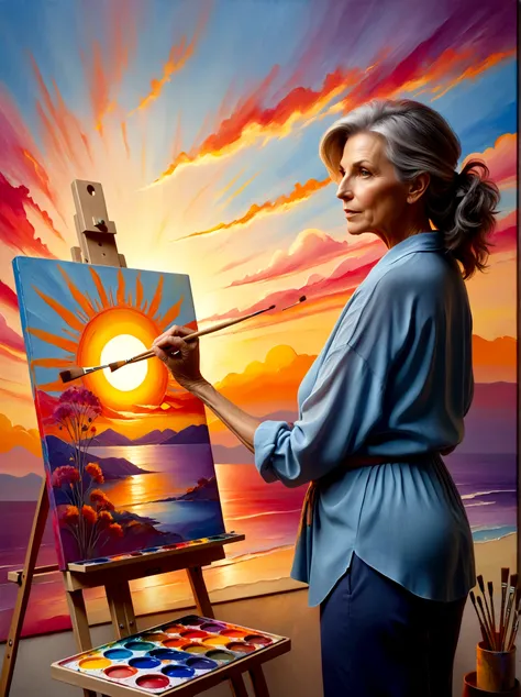 (Sunrise Time:1.6), A middle-aged Caucasian woman dressed in casual clothing is standing in front of a canvas placed on an easel. She holds a set of paintbrushes and a palette full of vibrant colors, mimicking the hues of the sunrise. Her gaze is focused, ...