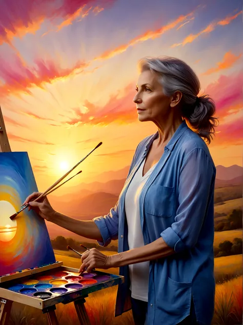 (Sunrise Time:1.6), A middle-aged Caucasian woman dressed in casual clothing is standing in front of a canvas placed on an easel. She holds a set of paintbrushes and a palette full of vibrant colors, mimicking the hues of the sunrise. Her gaze is focused, ...