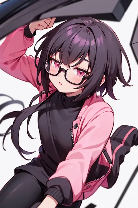 black pants, Sharp image, man, Black hair with pink ends, wearing a pink jacket. , has a dull, bored face, wears round glasses, has short, neat hair,