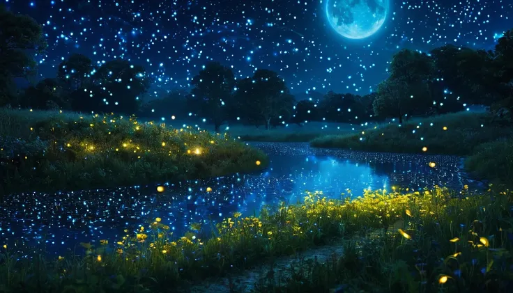 at night, countless fireflies fly around, another world, fantastic world, night illuminated by a blue moonlit night, best image ...