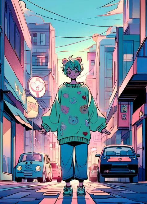 Create a digital illustration of a cheerful boy standing in the middle of a bustling city street. He is wearing a loose, oversized light green sweater with cute heart and bear designs on it. His hair is styled in a messy, tousled look. The boy is making a ...