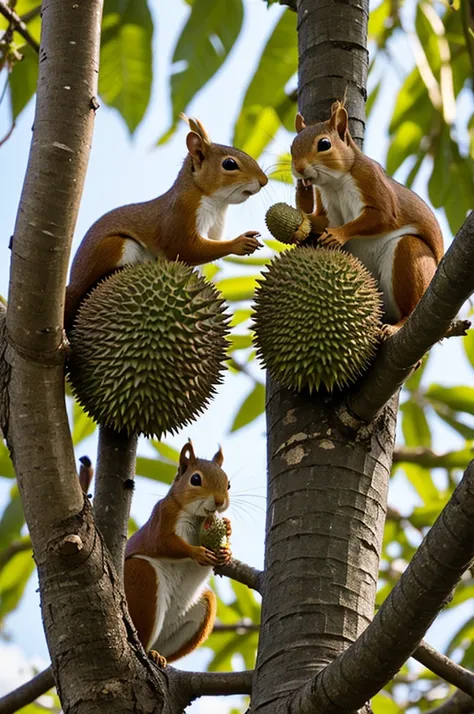 Two squirrels eating only one durian in tree