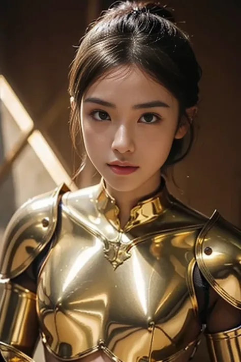 Muscular complexion, Shiny gold armor with pink metalwork　脱ぐ
