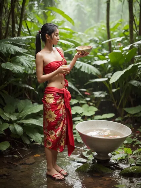 
Thai woman, 20 years old, long hair tied back, wearing a sarong. black red flower pattern Wearing red sandals and holding a bowl of water. Pick it up and pour it on yourself. realistic image There is a rainy season forest in the background.
4K resolution.