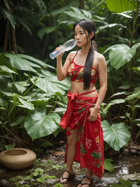 
Thai woman, 20 years old, long hair tied back, wearing a sarong. black red flower pattern Wearing red sandals and holding a bowl of water. Pick it up and pour it on yourself. realistic image There is a rainy season forest in the background.
4K resolution.