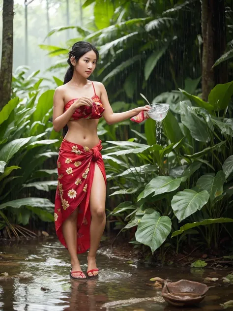 
Thai woman, 20 years old, long hair tied back, wearing a sarong. black red flower pattern Wearing red sandals and holding a bowl of water. Pick it up and pour it on yourself. realistic image There is a rainy season forest in the background.
4K resolution.