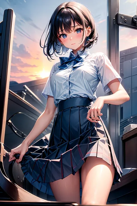 (8K, Highest quality, Tabletop:1.2)、Ultra-high resolution、1 16-year-old female、Finger details、Tilt your head、Detailed face、deep, Beautiful Eyes、Happy、Short sleeve school uniform、Checkered skirt and navy skirt、Black Hair、Tie your hair up、alone、She spreads h...