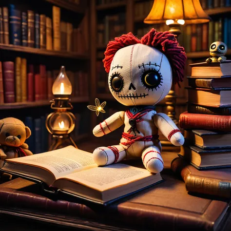 (knitted toy voodoo doll:1.6), (Voodoo Ghost Storyteller:1.3), (clothes antique clothes with magic books and parchments:1.0), (in the background a magic library with flickering fireflies and flying books:1.3), best quality, masterpiece, detailed soft oil p...