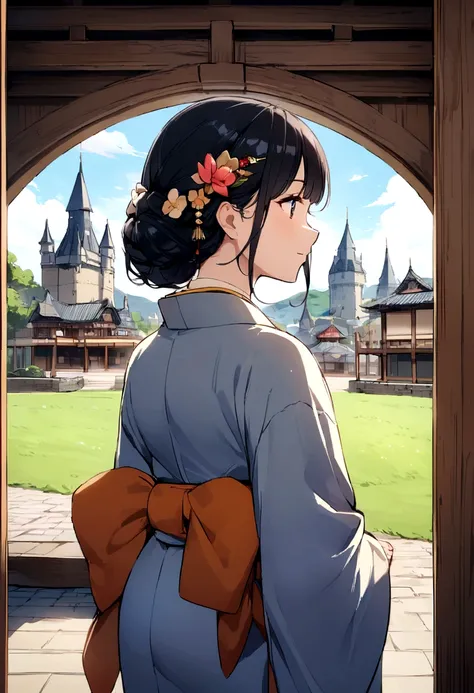 Long black hair、Daytime、Beauty、kimono、hair ornaments、Castle in the background