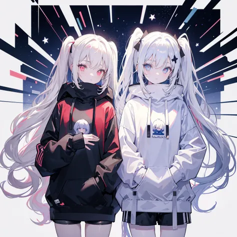 Two girls,
the first one has red eyes and beige hair in twin tails,
the second one has blue eyes and white hair in side tails,
they are both wearing sporty hoodies and shorts in monochrome, colorful on white background, glowing, stars, light, ephemeral,, m...