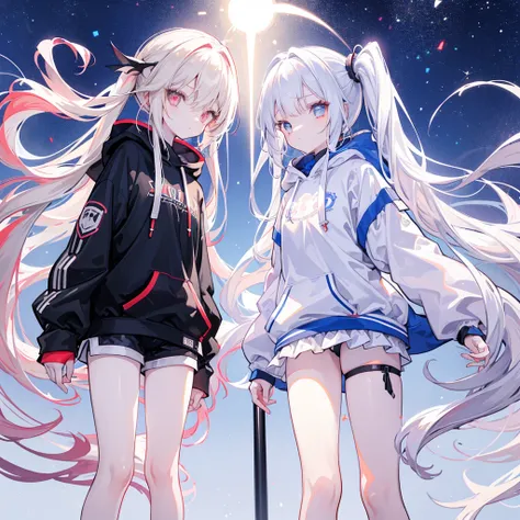 Two girls,
the first one has red eyes and beige hair in twin tails,
the second one has blue eyes and white hair in side tails,
they are both wearing sporty hoodies and shorts in monochrome, colorful on white background, glowing, stars, light, ephemeral,, m...