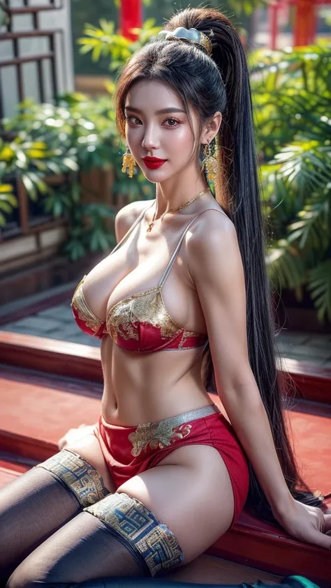 4K, UHD, masterpiece, solo girl, good face, detailed eyes, detailed lips, very long hair, straight hair, very long hair, beautiful hair, hair ornaments, hairband, sexy bun with ponytail hair, ((White-black-Blue-RED-silver-gold-yellow-green Chinese bra and ...