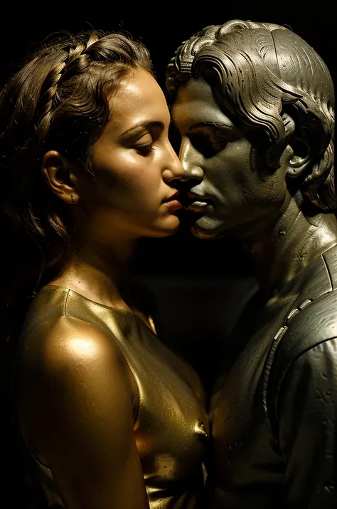 2 greek statue. 1 men and 1 women statue kiss and hug with love. realistic and detail, 8k photorealistic. black background